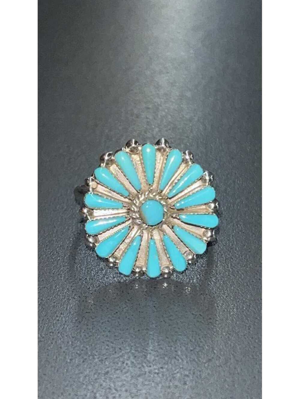 Zuni turquoise oval cluster sterling silver ring size 11 -Vera Halusewa